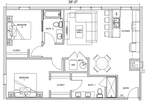 Floor plan for 2 beds, 2 baths